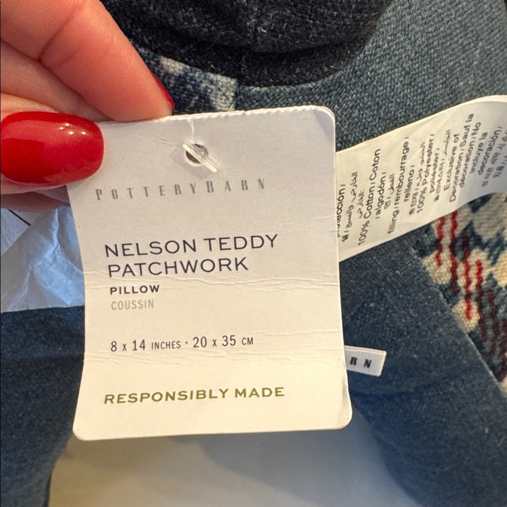 Pottery Barn Nelson Teddy Patchwork Pillow - Blue and Red - Picture 9 of 12